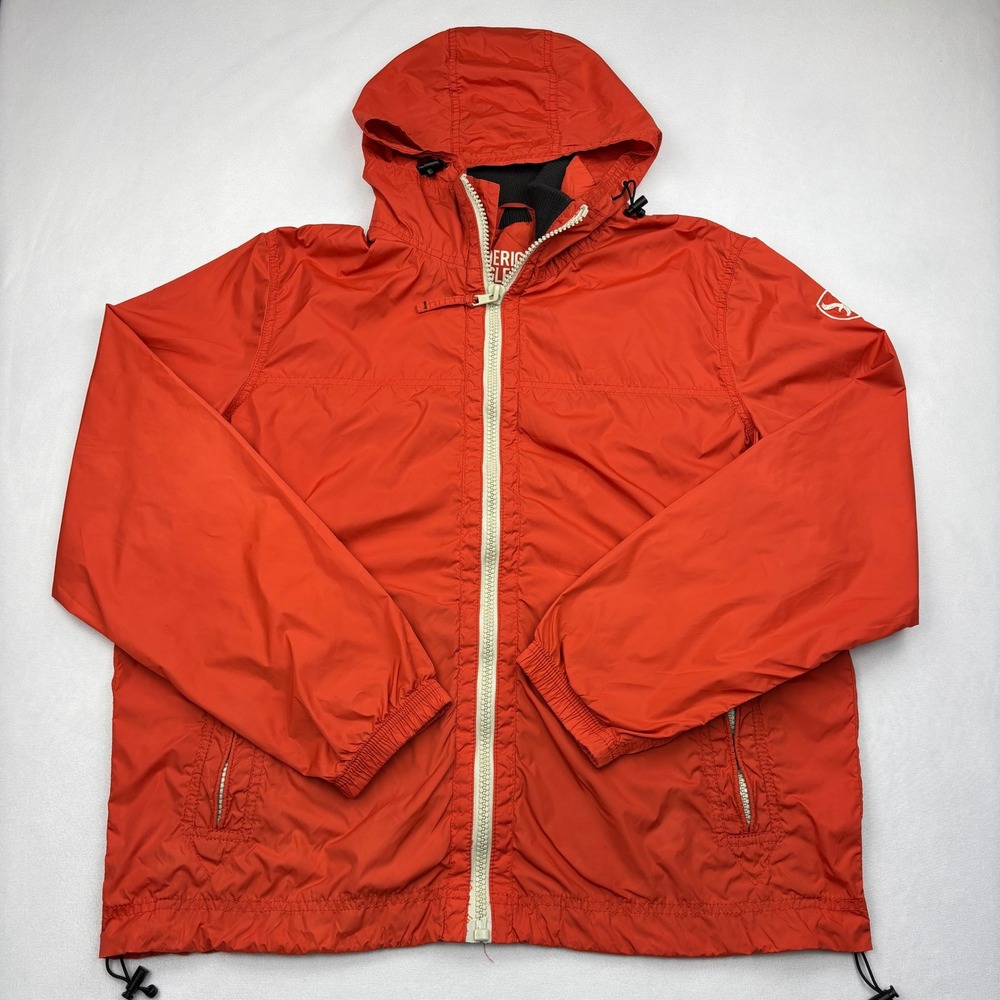 American Eagle Windbreaker Jacket Mens Large Orange Hooded Nylon Shell Full Zip